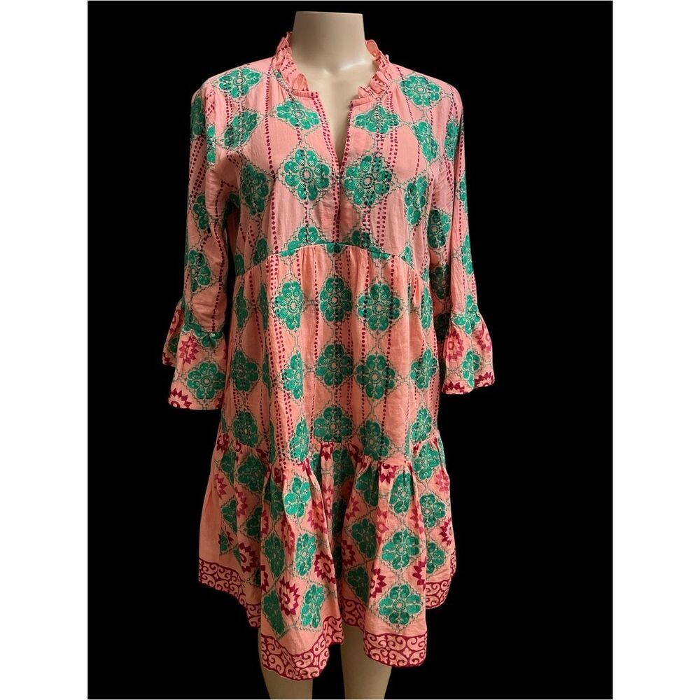 Oliphant peachy pink Tunic with Teal Medallion Print